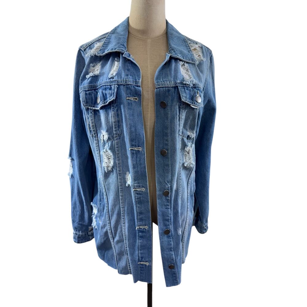 "American Bazi" Frayed‎ Hem Distressed Denim Shirt Jacket, Grunge, Rock n Roll